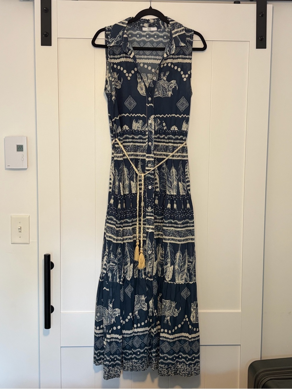 Sleeveless Navy Patterned Maxi Dress with Tassel Belt